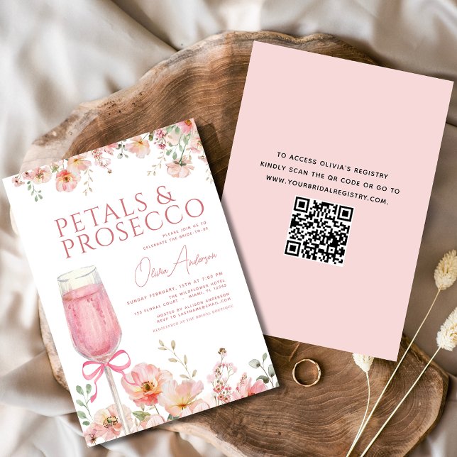 QR Code Petals & Prosecco Blush Bridal Shower  Invitation (Creator Uploaded)