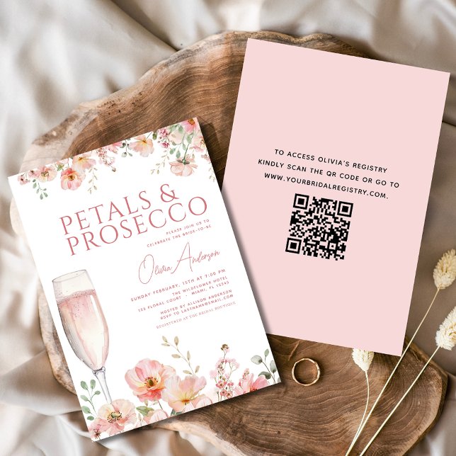 QR Code Petals & Prosecco Blush Bridal Shower  Invitation (Creator Uploaded)
