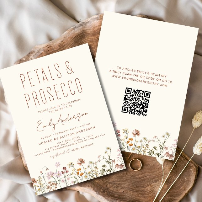QR Code Petals & Prosecco Bridal Shower Wildflower Invitation (Creator Uploaded)