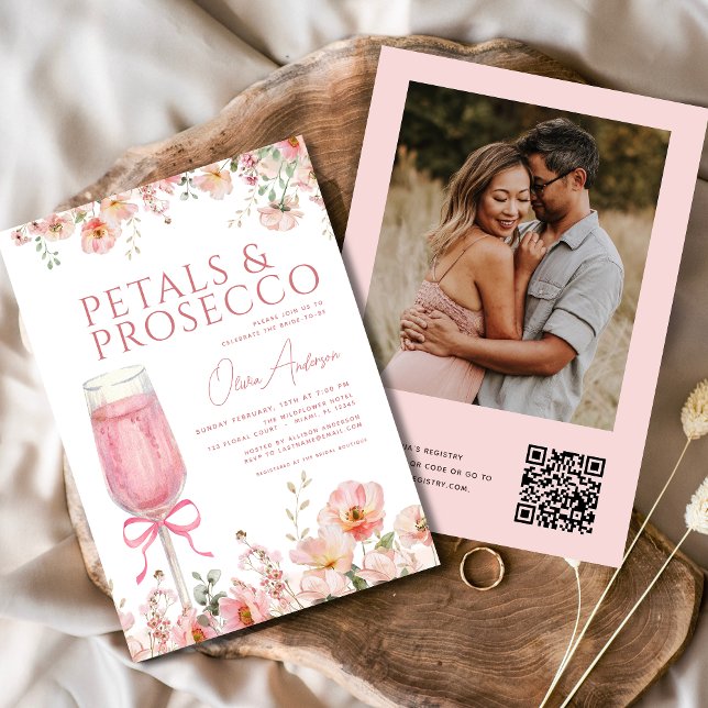 QR Code Petals & Prosecco Photo Bridal Shower  Invitation (Creator Uploaded)