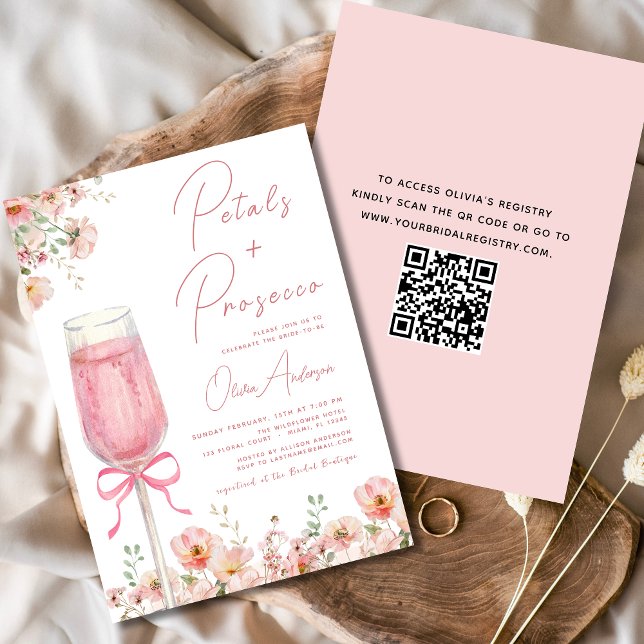 QR Code Petals & Prosecco Pink Bow Bridal Shower  Invitation (Creator Uploaded)