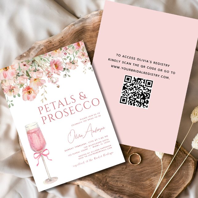 QR Code Petals & Prosecco Pink Bow Bridal Shower  Invitation (Creator Uploaded)