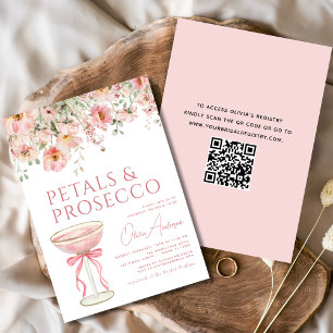 QR Code Petals & Prosecco Pink Bow Bridal Shower Invitation