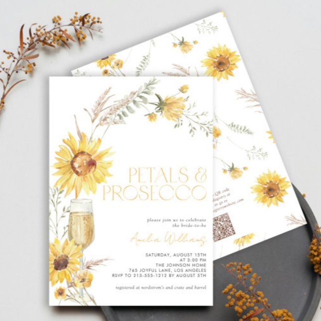 QR Code Petals & Prosecco Sunflower Bridal Shower Invitation (Creator Uploaded)