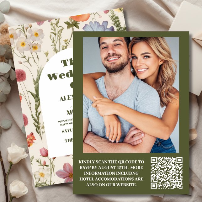 QR Code Photo Boho Wildflower Botanical Wedding Invitation (Creator Uploaded)