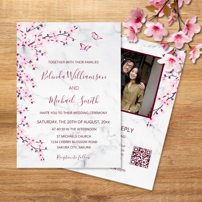 QR Code Photo Cherry Blossoms Marble Wedding Invitation (Creator Uploaded)