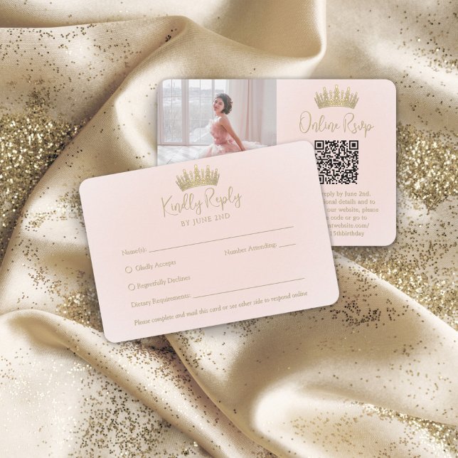 QR Code & Photo Elegant Quinceañera Gold Crown RSVP Card (Creator Uploaded)