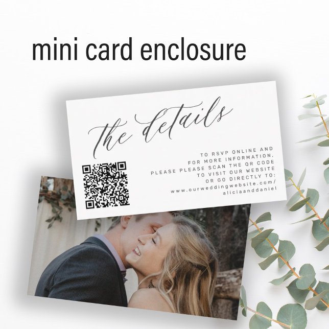 QR code photo elegant script wedding details white Enclosure Card (Creator Uploaded)