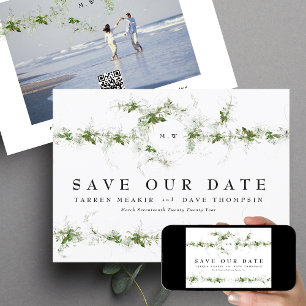 QR Code Photo Eucalyptus Wreath Monogram Wedding Save The Date