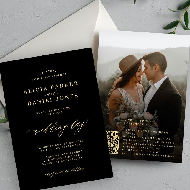 QR code photo gold calligraphy black wedding Invitation (Creator Uploaded)