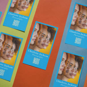 QR Code & Photo l Modern Unique Blue Social Media Business Card