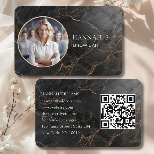 QR-Code, Photo, Marble, Black-Gold, Salon Business Card (QR-Code, Photo, Marble, Black-Gold, Salon Business Card)
