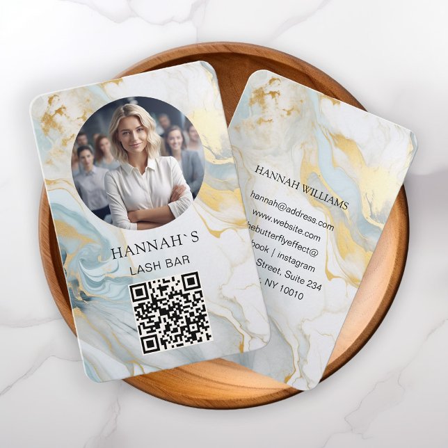 QR-Code, Photo, Marble, Blue-Gold, Salon Business Card (Creator Uploaded)