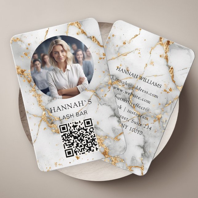 QR-Code, Photo, Marble, White-Gold, Salon Business Card (Creator Uploaded)