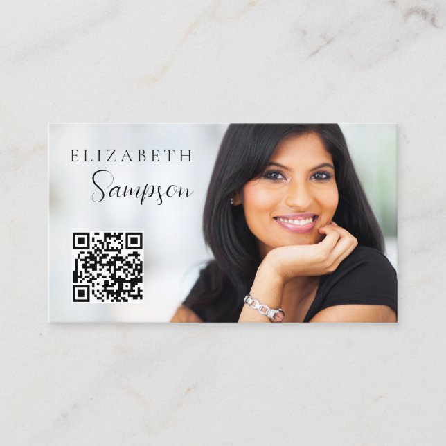 QR Code Photo Modern Black White Business Card (Front)