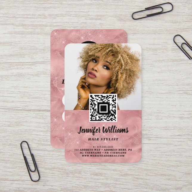 QR Code Photo Pink Modern Loyalty Template Business Card (Front/Back In Situ)