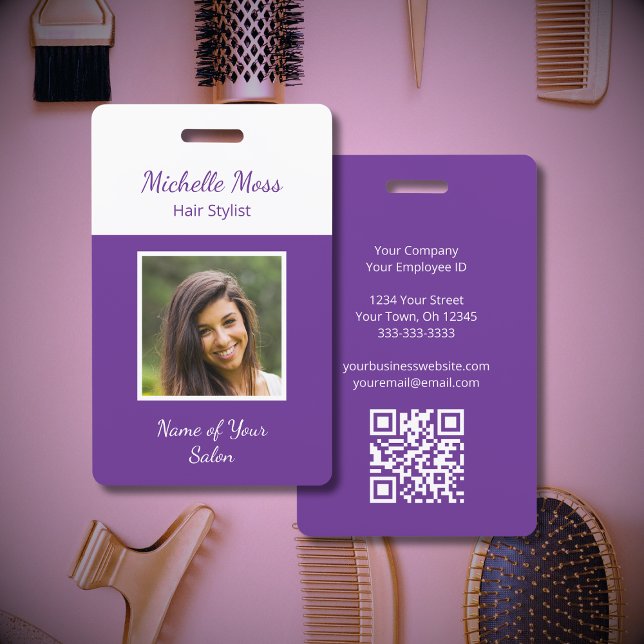 QR code Photo Purple Hair Stylist Beauty Salon ID Badge (Creator Uploaded)