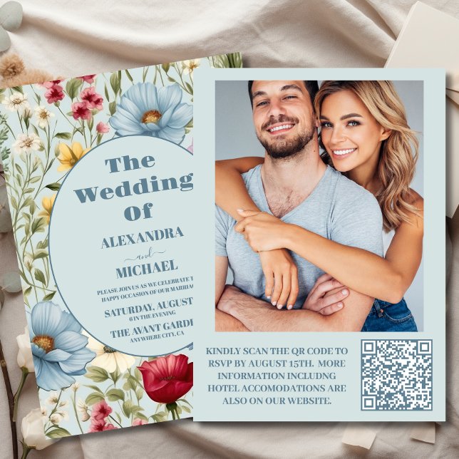 QR Code Photo Whimsical Wildflower Meadow Wedding Invitation (Creator Uploaded)