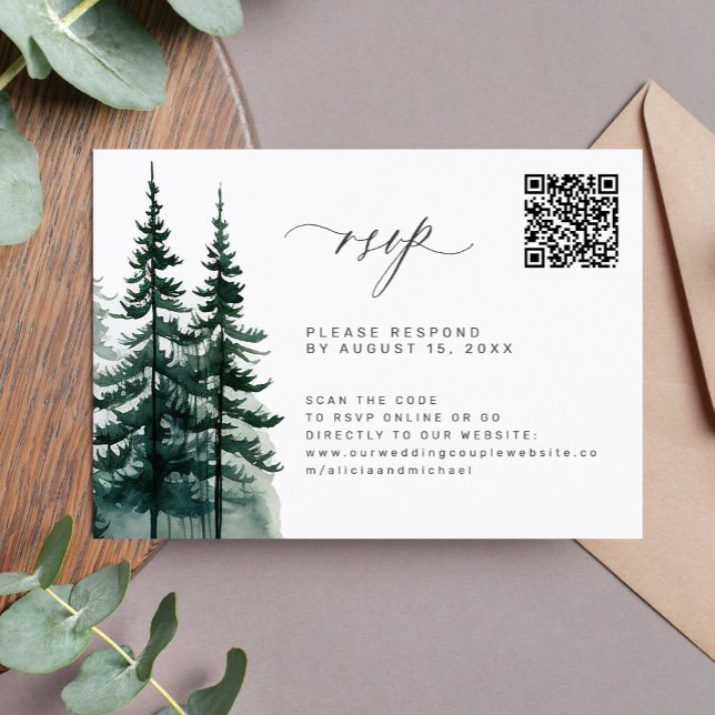 QR code pine trees forest wedding  RSVP Card (Creator Uploaded)