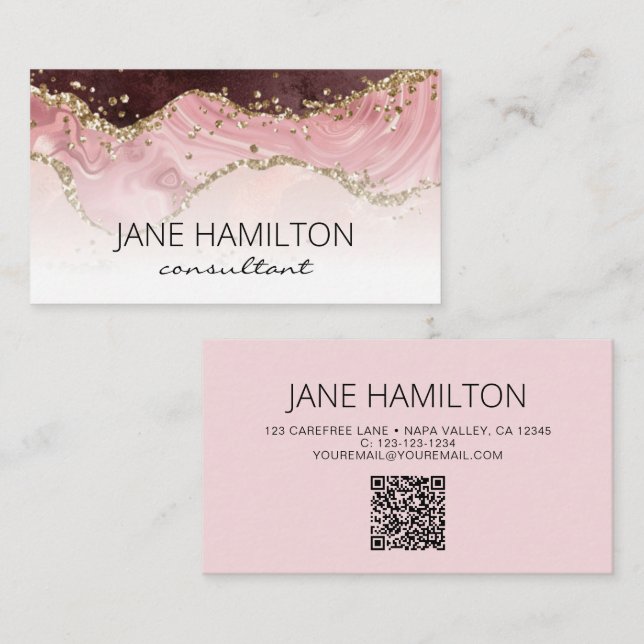 QR Code Pink Agate Marble Profile Business Card (Front/Back)