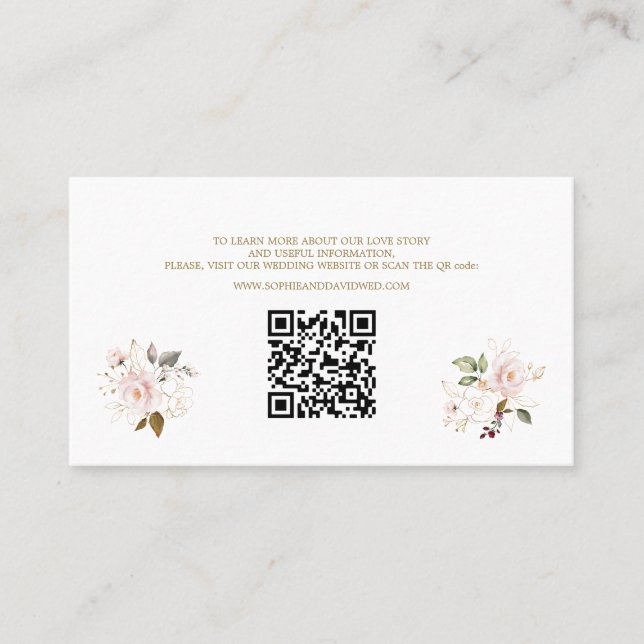 QR Code Pink Blush Gold Floral Wedding Website Business Card (Front)