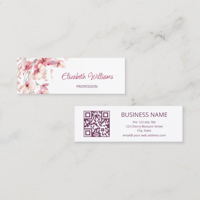 QR Code Pink Boho Flowers White Mini Business Card (Front/Back)