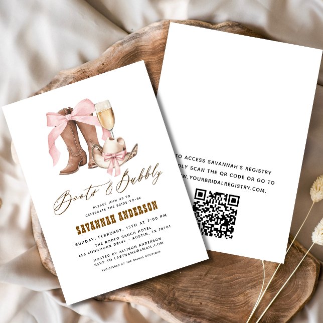 QR Code Pink Bow Boots & Bubbly Bridal Shower Invitation (Creator Uploaded)