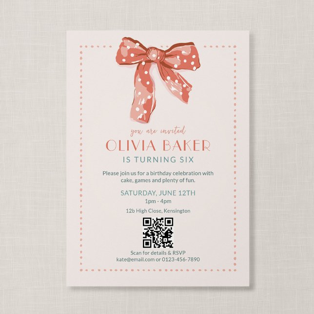 QR Code Pink Coquette Bow Girls Birthday Invitation (Heirloom Bow - Coquette themed QR code birthday invitation)