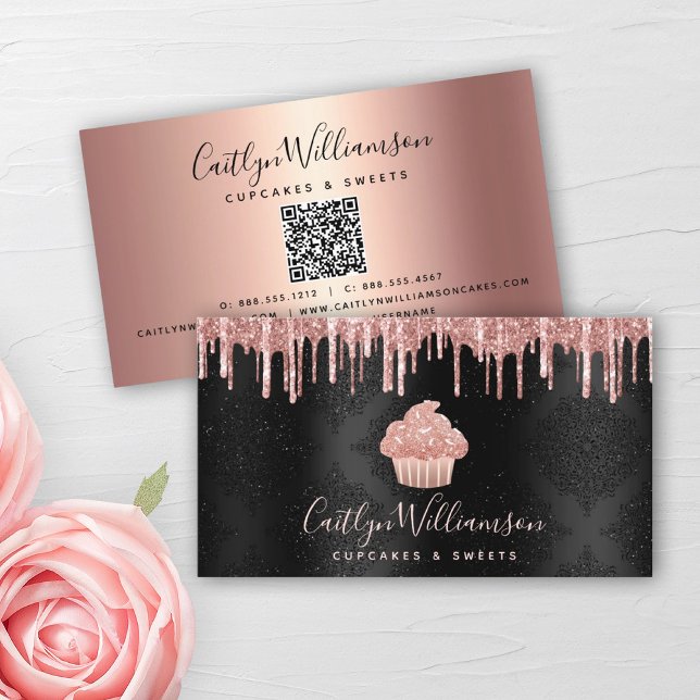 QR Code Pink Cupcake Glitter Drips Bakery Black Business Card (Creator Uploaded)