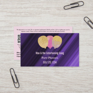 QR Code & Pink Glitter Balloons Party Planner Business Card