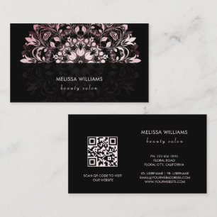 QR Code Pink Shiny Black Floral Mandala Business Card