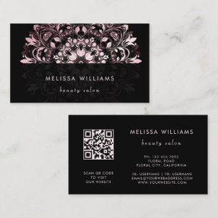 QR Code Pink Shiny Black Floral Mandala Business Card