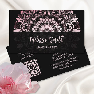 QR Code Pink Shiny Black Floral Mandala Business Card