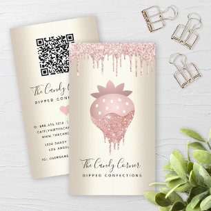 QR Code Pink Strawberry Glitter Confection Gold Business Card