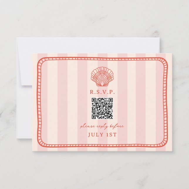 QR Code Pink Stripe Shell Wedding QR RSVP Card (Front)