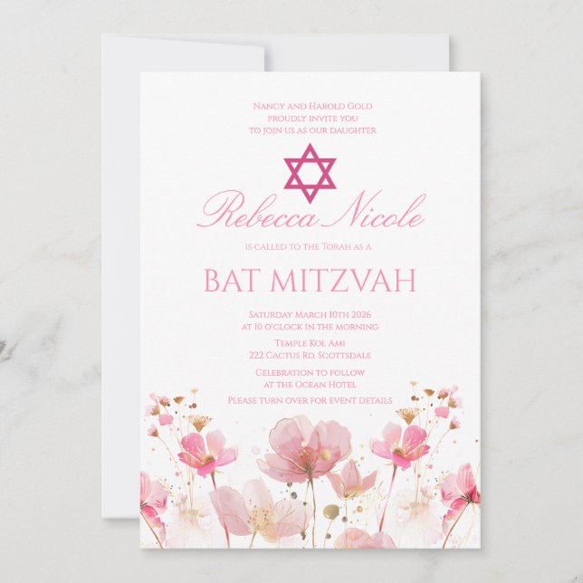 QR Code Pink Watercolor Floral Bat Mitzvah  Invitation (Front)