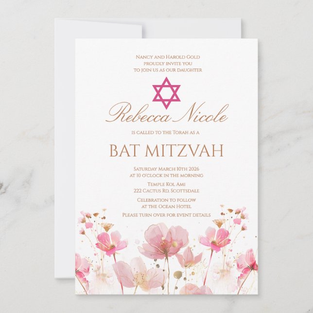 QR Code Pink Watercolor Floral Bat Mitzvah  Invitation (Front)