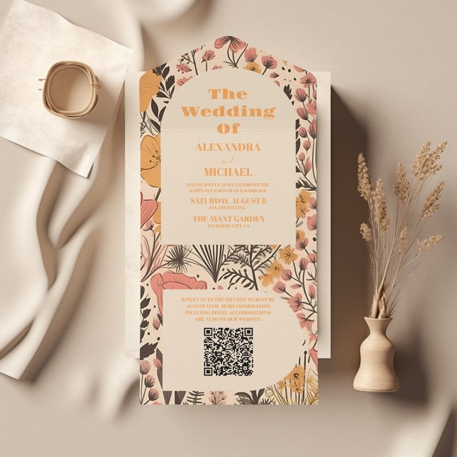 QR Code  Pink Yellow Orange Wildflowers Wedding All In One Invitation (Creator Uploaded)