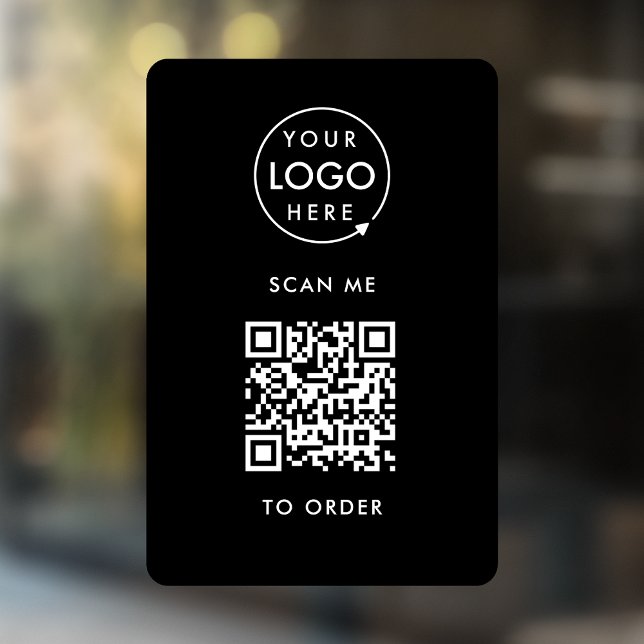QR Code Place Order | Black Business Logo (Interactive "scan to order" QR code window cling for restaurants, bars, cafes & hospitality events.)