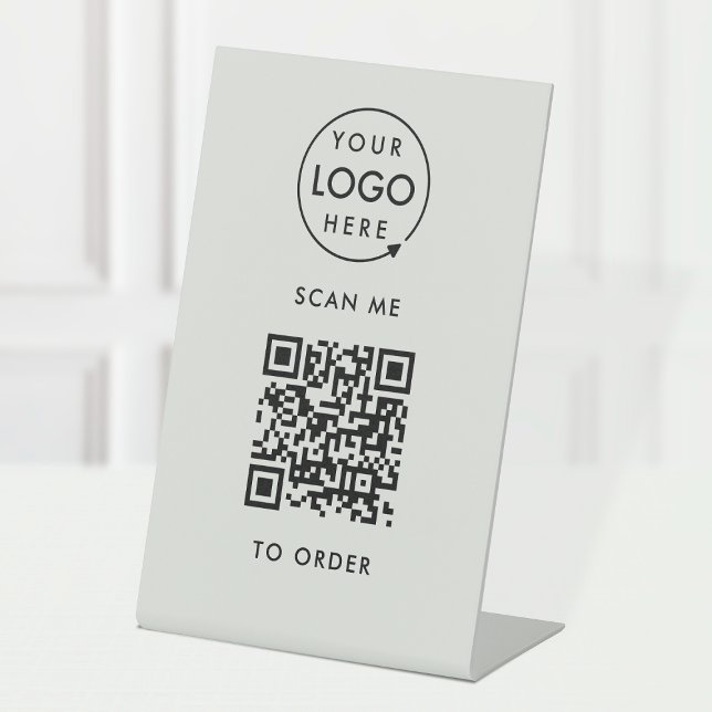 QR Code Place Order | Silver Grey Business Logo Pedestal Sign (Creator Uploaded)
