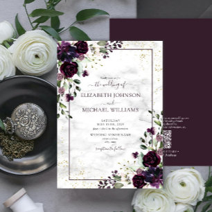 QR Code Plum Purple Gold Watercolor Marble Fall Invitation
