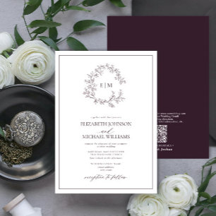 QR Code Plum Purple Leafy Crest Monogram Wedding Invitation