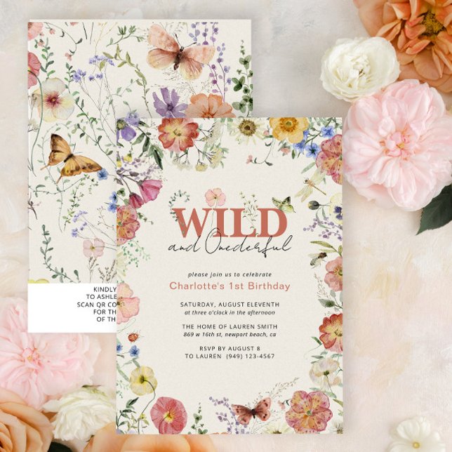 QR Code Pressed Flowers Wild & Onederful Birthday  Invitation (QR Code 1st Birthday Invitation)