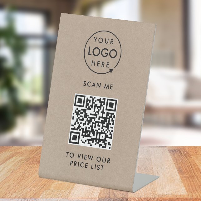 QR Code Price List | Kraft Rustic Business Logo Pedestal Sign (Price signage for stores, salons, cafes, trade stalls, pop up shops, reception desks & more!)