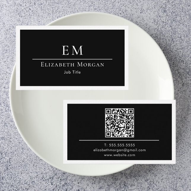 QR Code Professional Minimal Monogram Black White Business Card (Creator Uploaded)