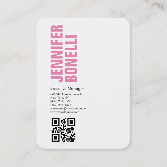 QR code professional minimalist bold pink white Business Card (Front)