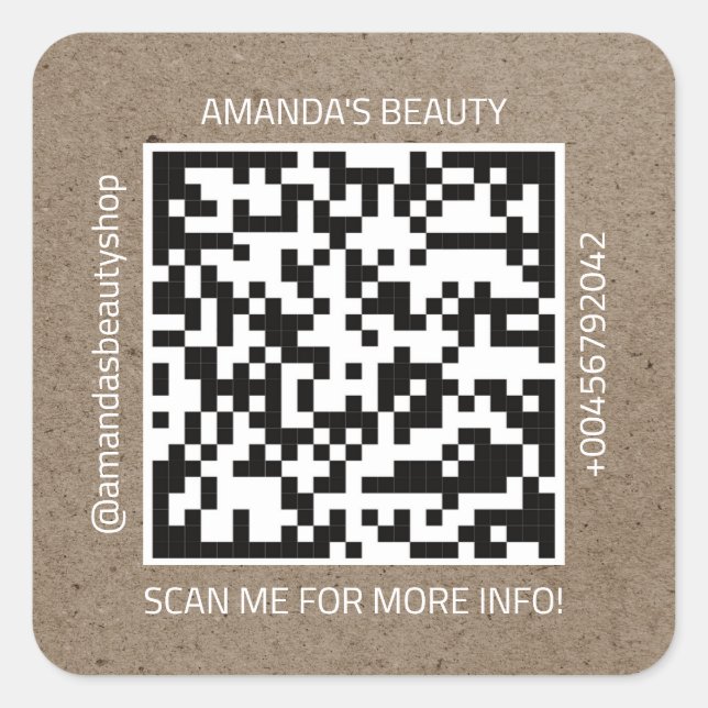 QR Code Promotional Name Contact Web Kraft Paper Square Sticker (Front)
