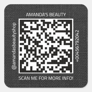 QR Code Promotional Name Contact Web Natural Linen Square Sticker
