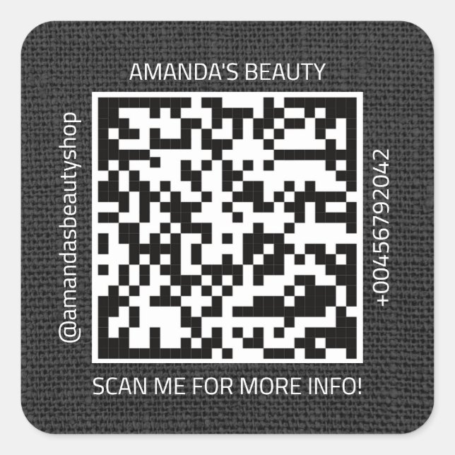 QR Code Promotional Name Contact Web Natural Linen Square Sticker (Front)