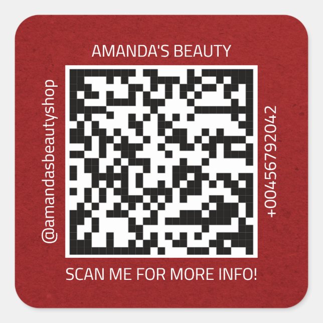 QR Code Promotional Name Contact Web Natural Red Square Sticker (Front)